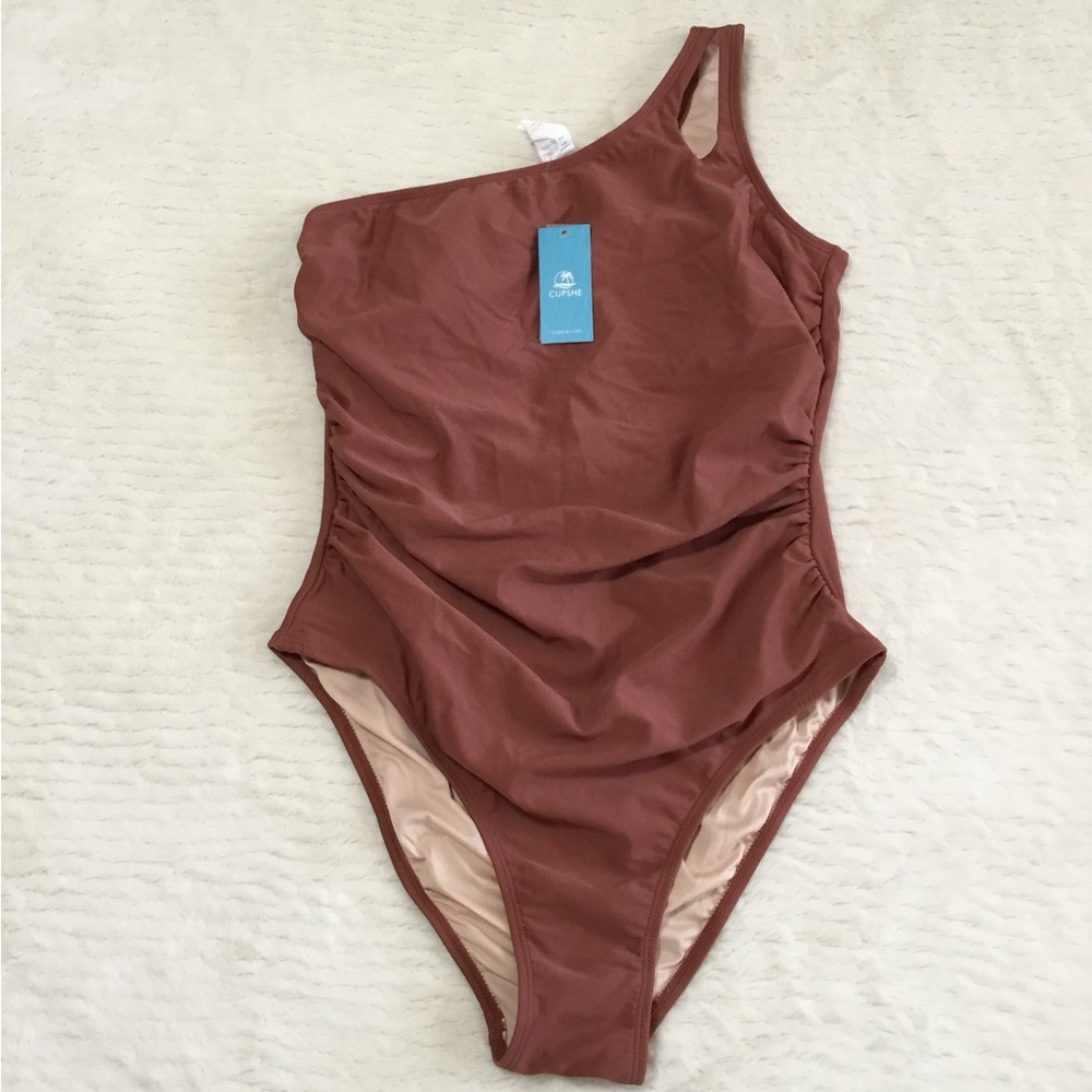 Cupshe Brown Ruched High Coverage 1 Shoulder One Piece Swimsuit Medium NWT L